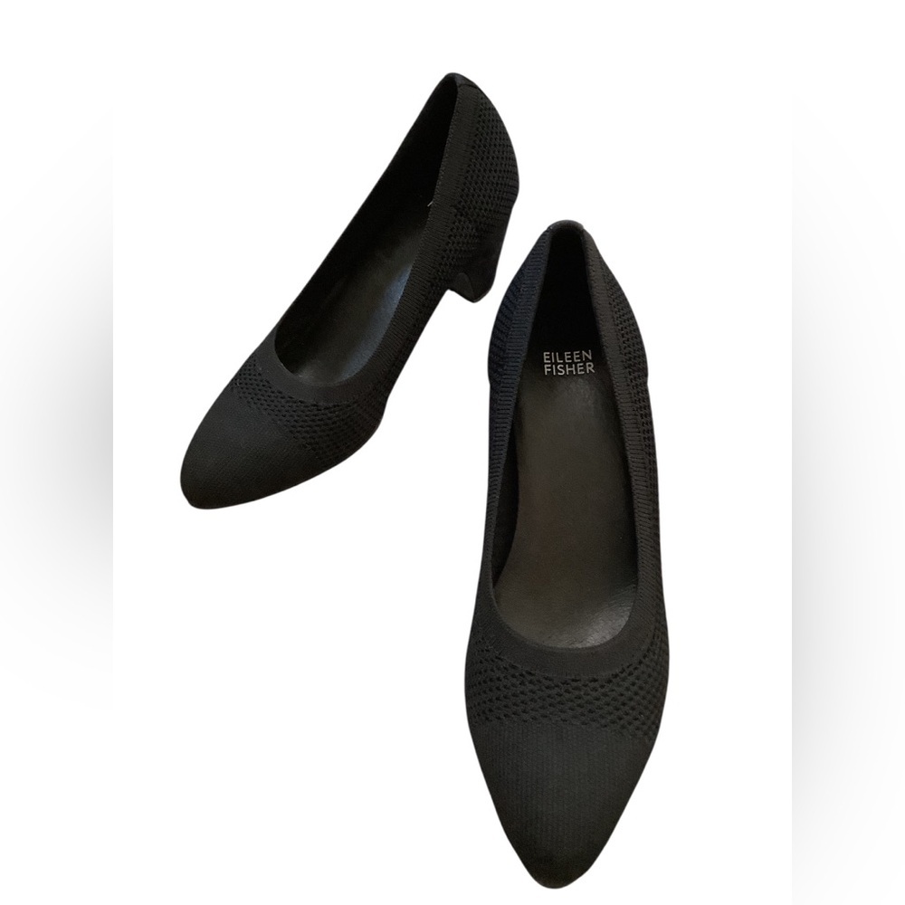 Eileen Fisher Black Knit Pointed Toe Low Block Heel Pumps